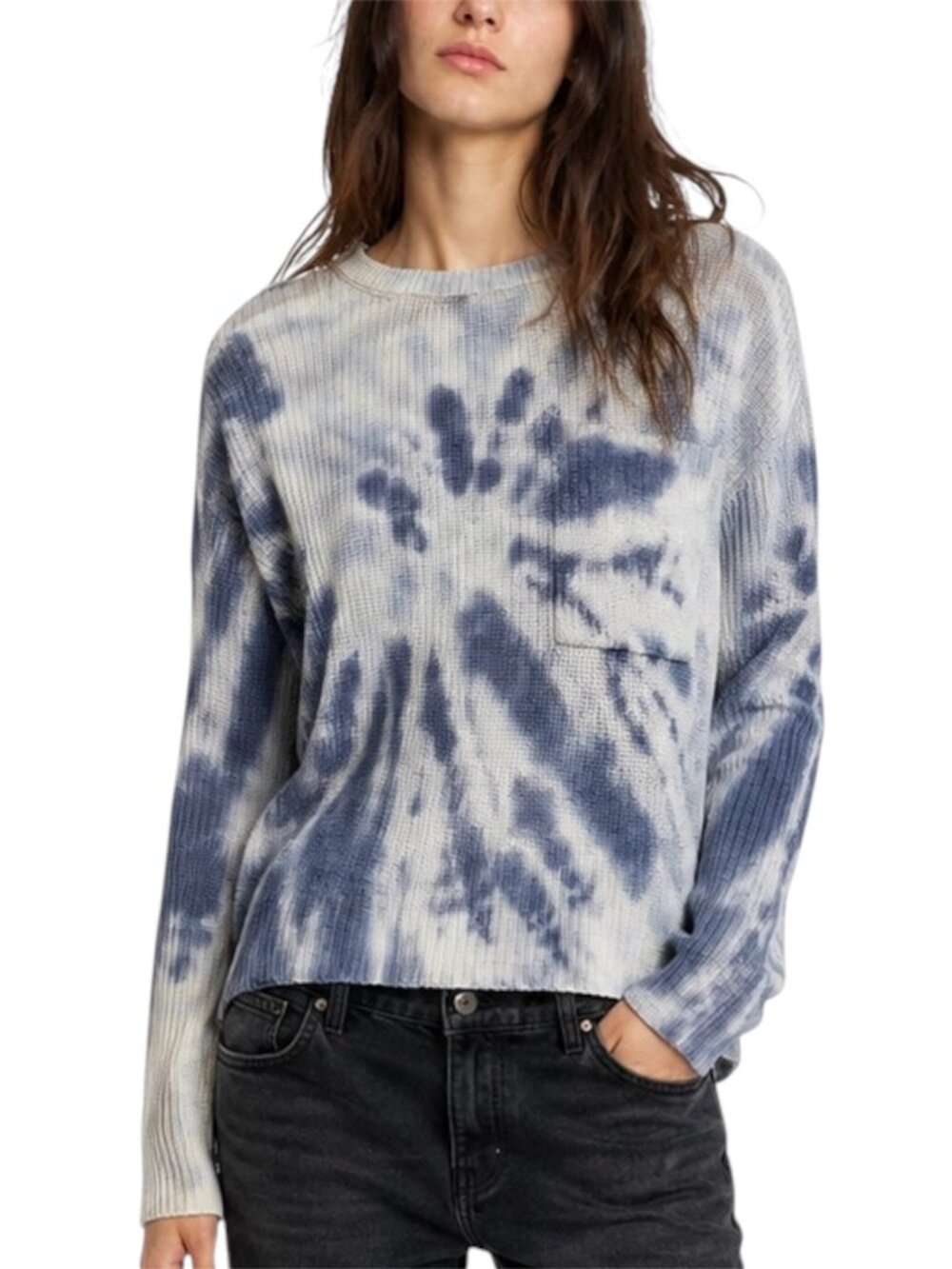 Size M Belle by Belldini Blue Tie Dye Ribbed Knit Pocket Sweater